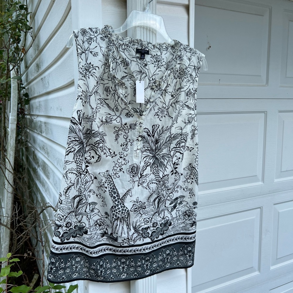 NWT Talbots Cute Black Cream Giraffe Safari Cotton Sleeveless Blouse